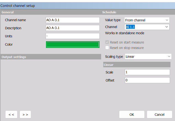 Analog output with Linear scaling, Scale 1 and Offset 0