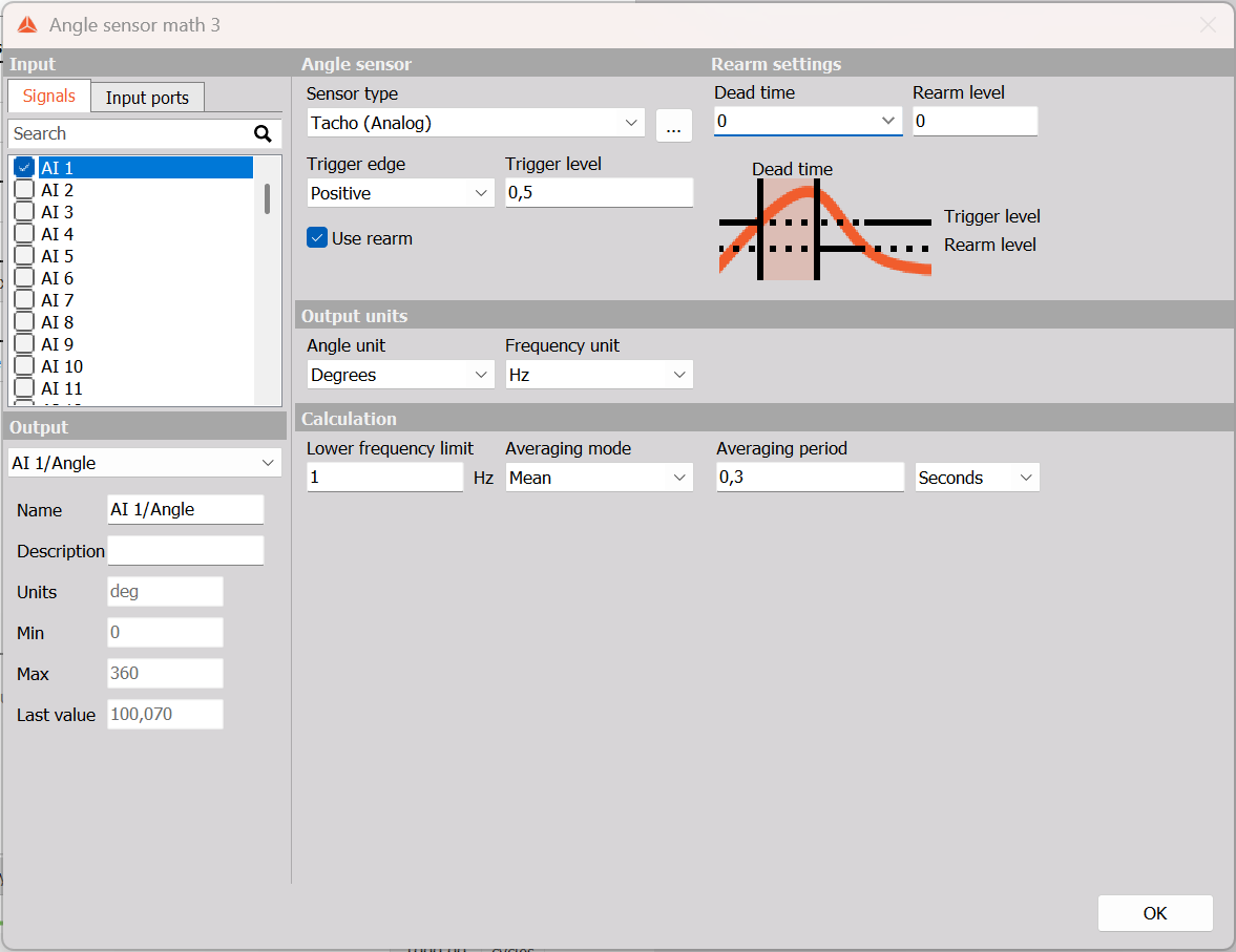 On-device Angle sensor math setup with rearm and mean averaging enabled