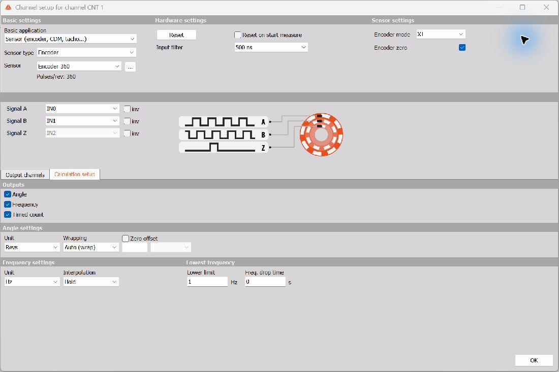 On-device encoder sensor and calculation setup