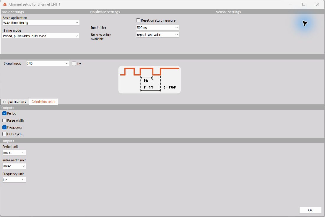 On-device waveform-timing setup and output selection