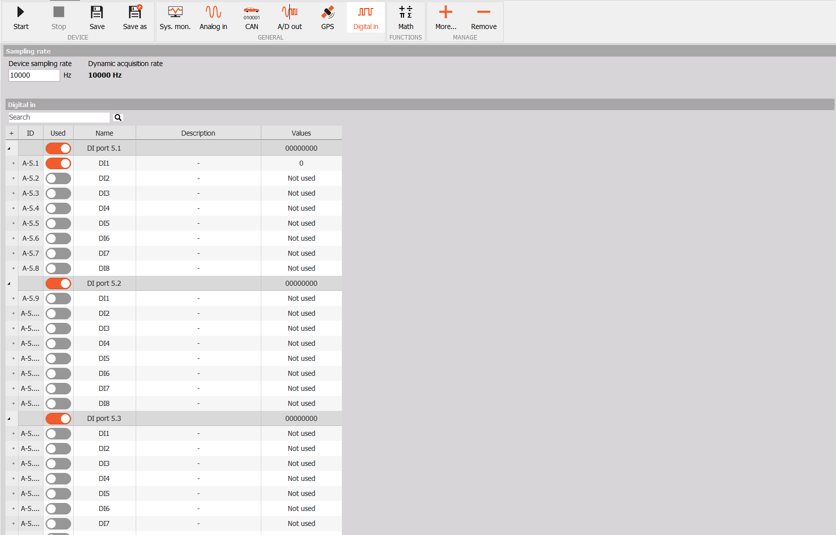 Digital In channels with DI1 enabled and a port preview of 00000000