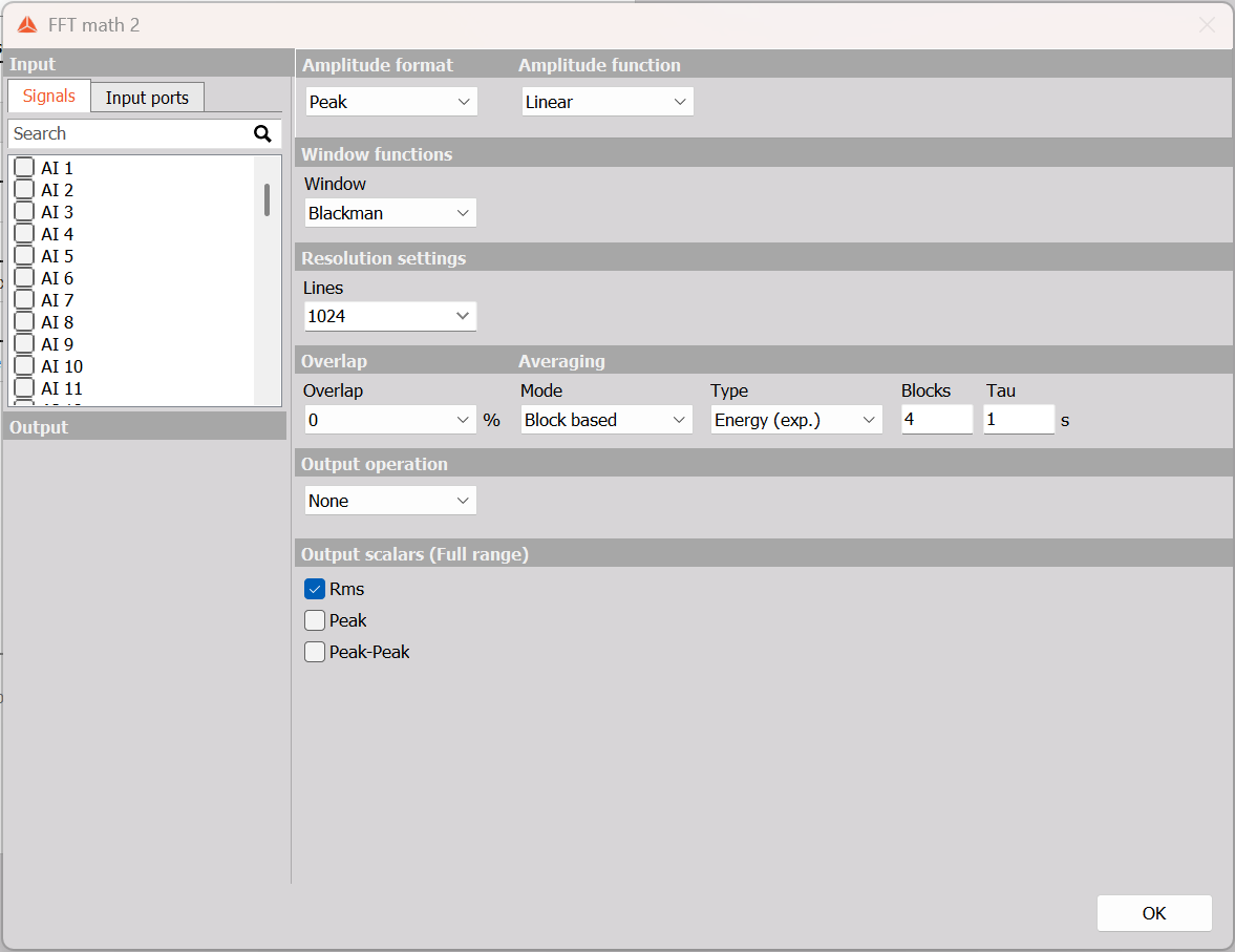On-device FFT settings before selecting an input