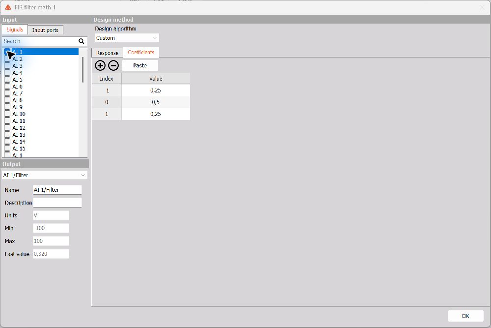 Custom FIR filter coefficients with add, remove, and paste controls