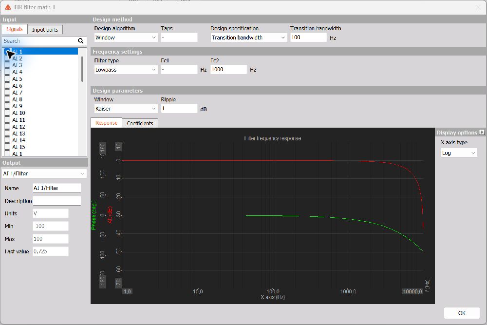 Transition bandwidth design specification and Kaiser ripple settings