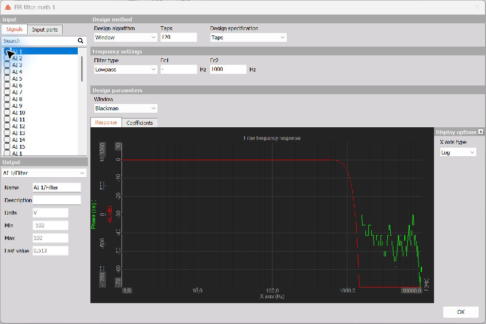 On-device FIR filter setup with input selection, design settings, and response preview