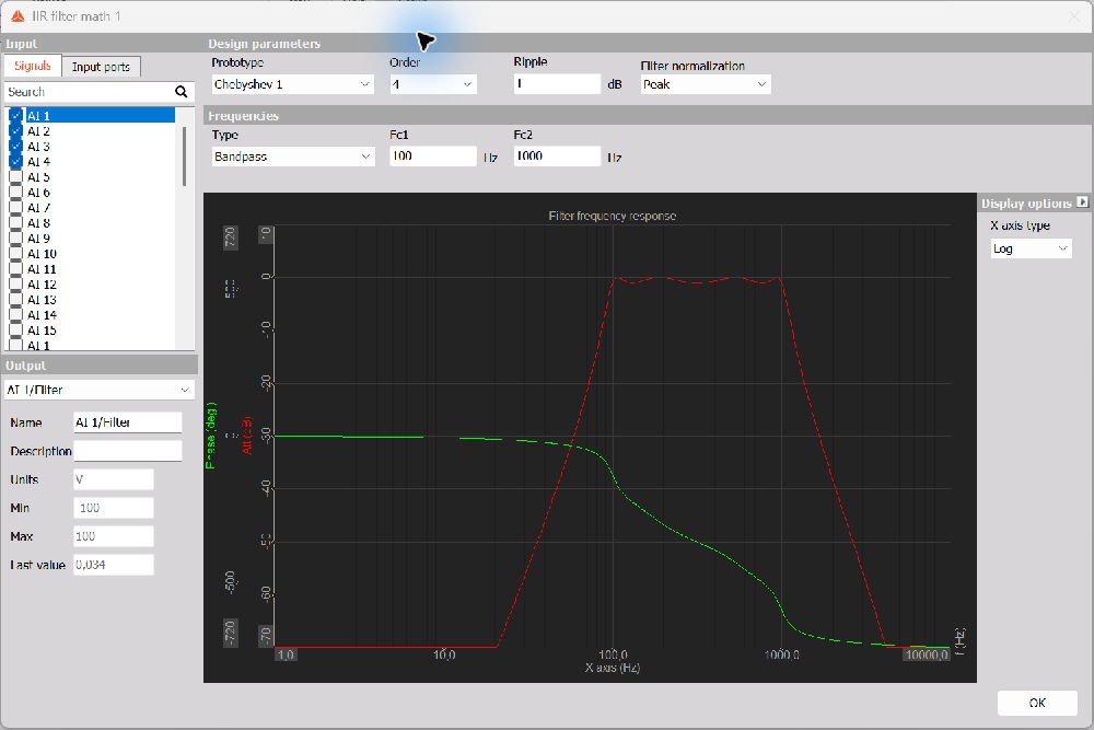 Chebyshev 1 bandpass filter showing Ripple and Filter normalization settings