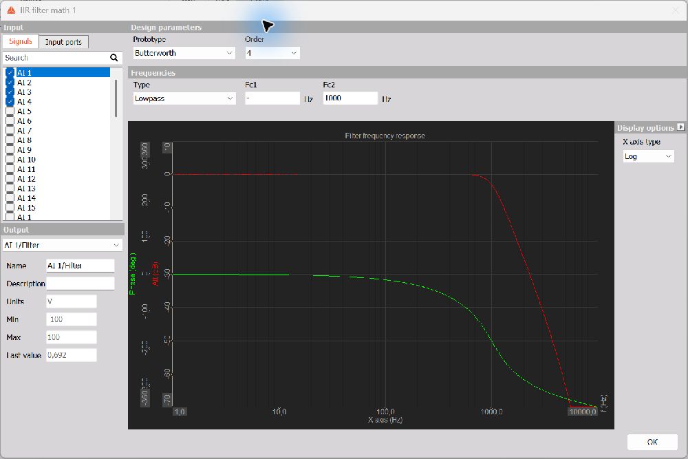 On-device IIR filter setup with Butterworth lowpass settings and response preview