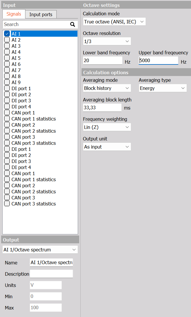 On-device Octave analysis input, settings, and output