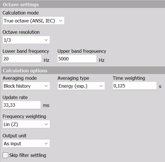 True-octave exponential averaging with Time weighting, Update rate, and Skip filter settling
