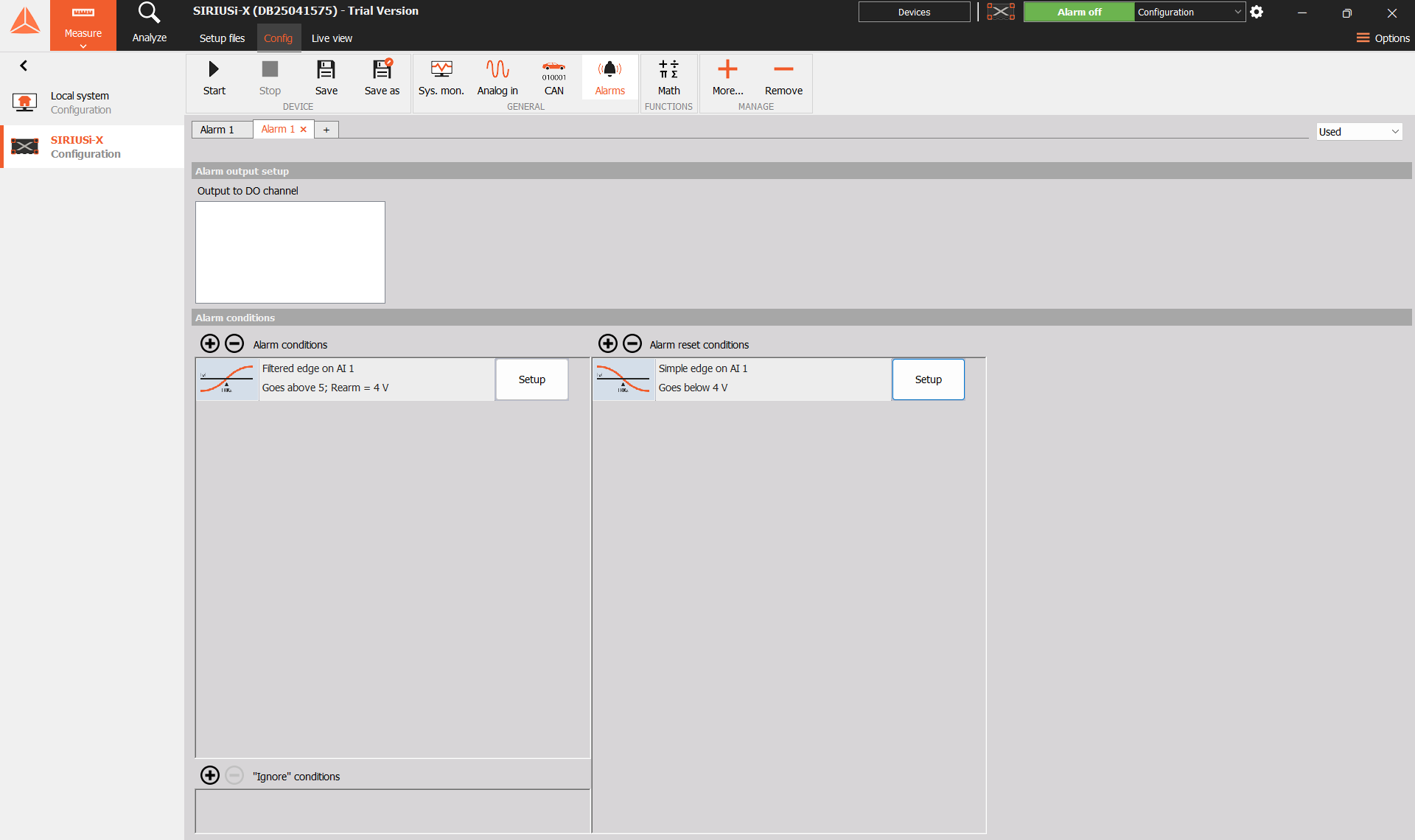 Full DewesoftX window showing the Alarms module and level conditions