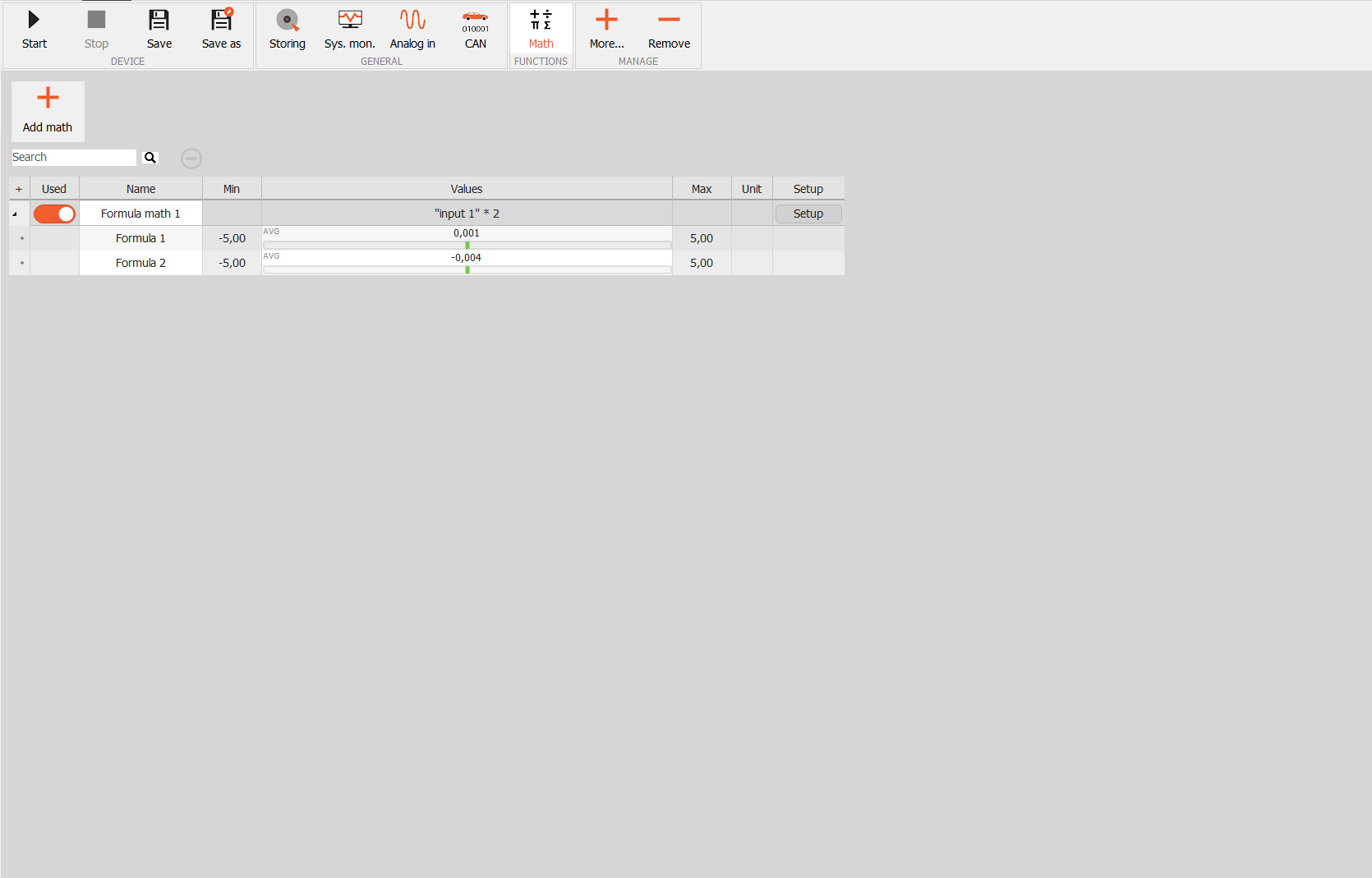 Device Math module with a Formula block and two calculated outputs