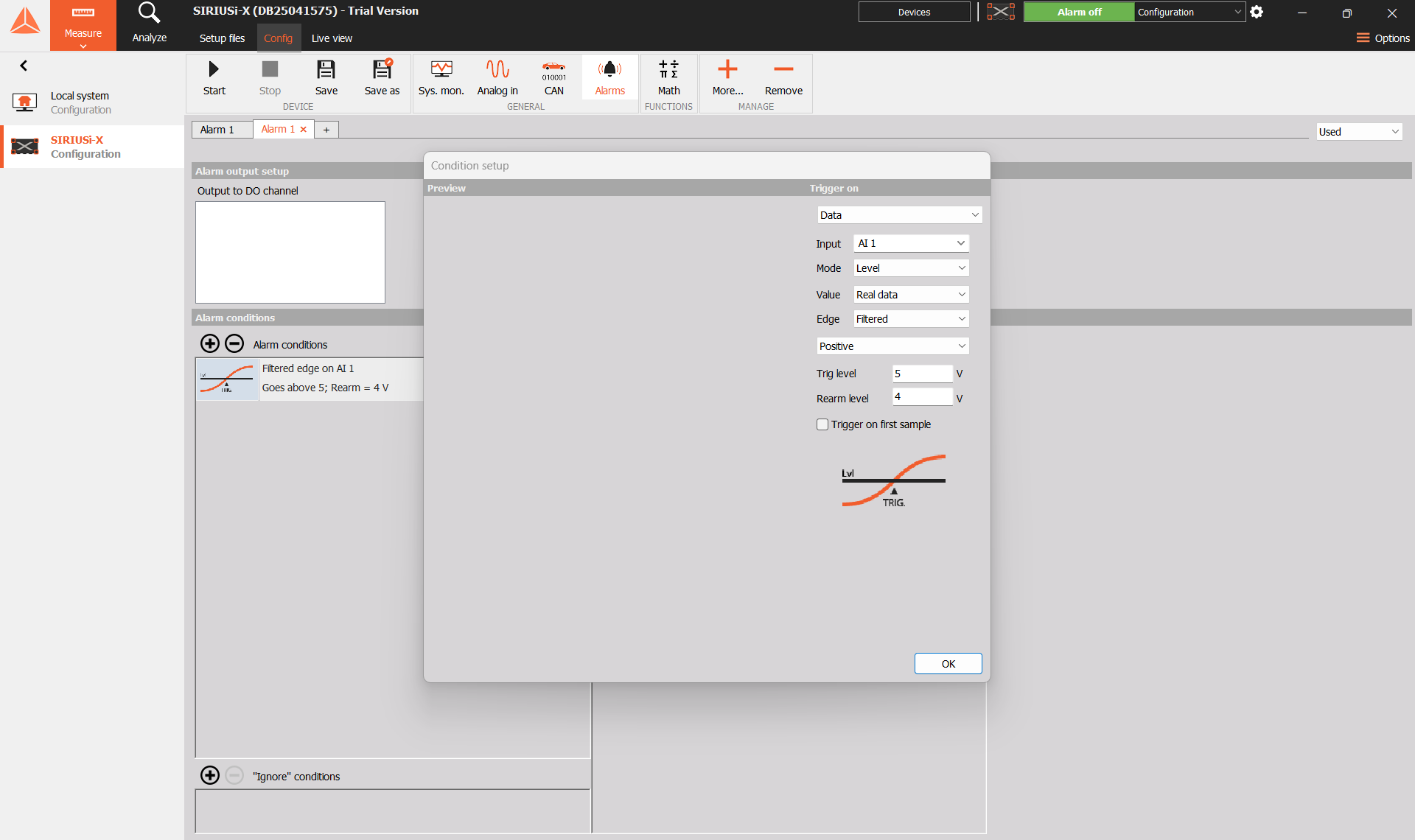 Condition setup showing a filtered positive edge on AI 1