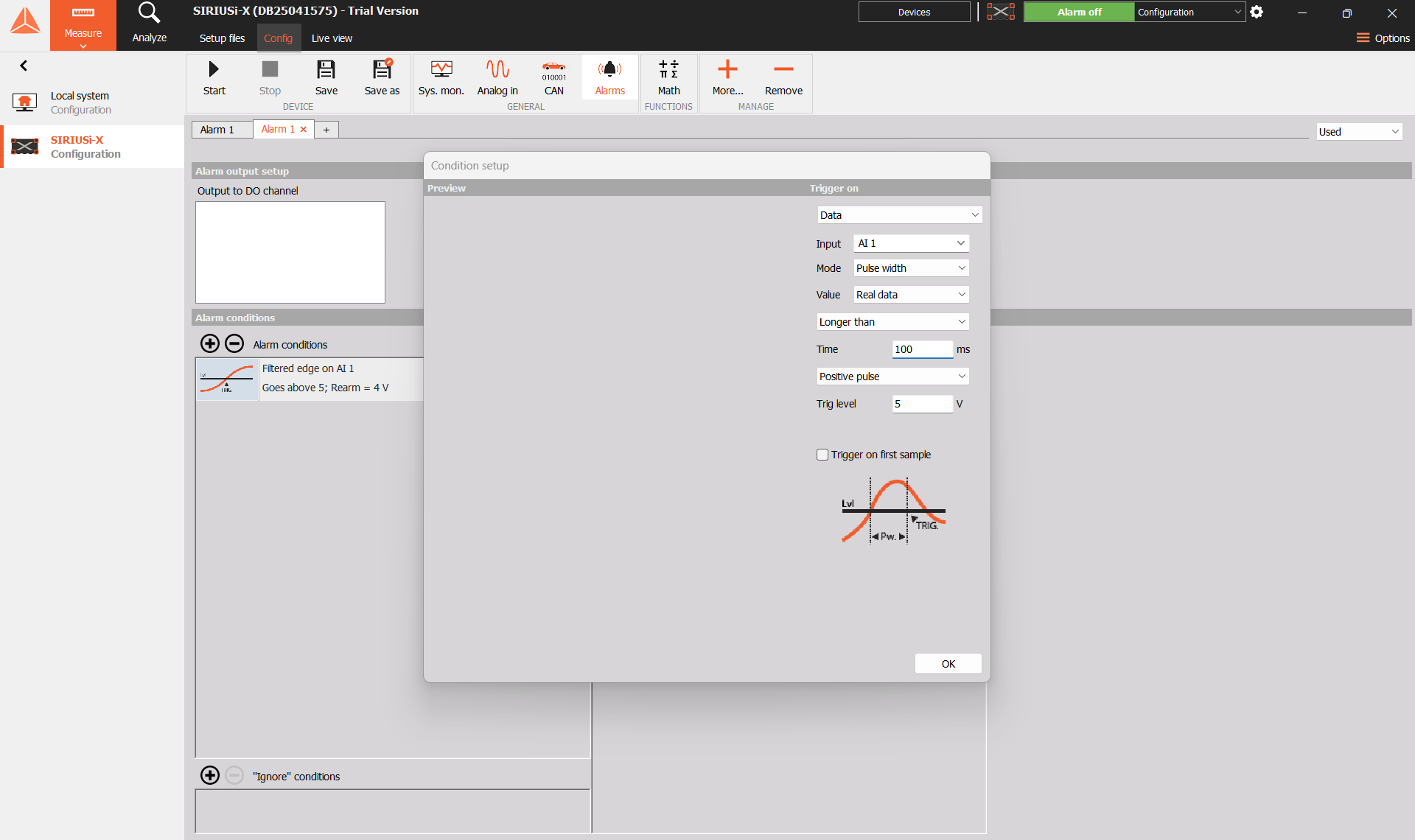 Pulse-width condition on AI 1 with a 100 millisecond duration