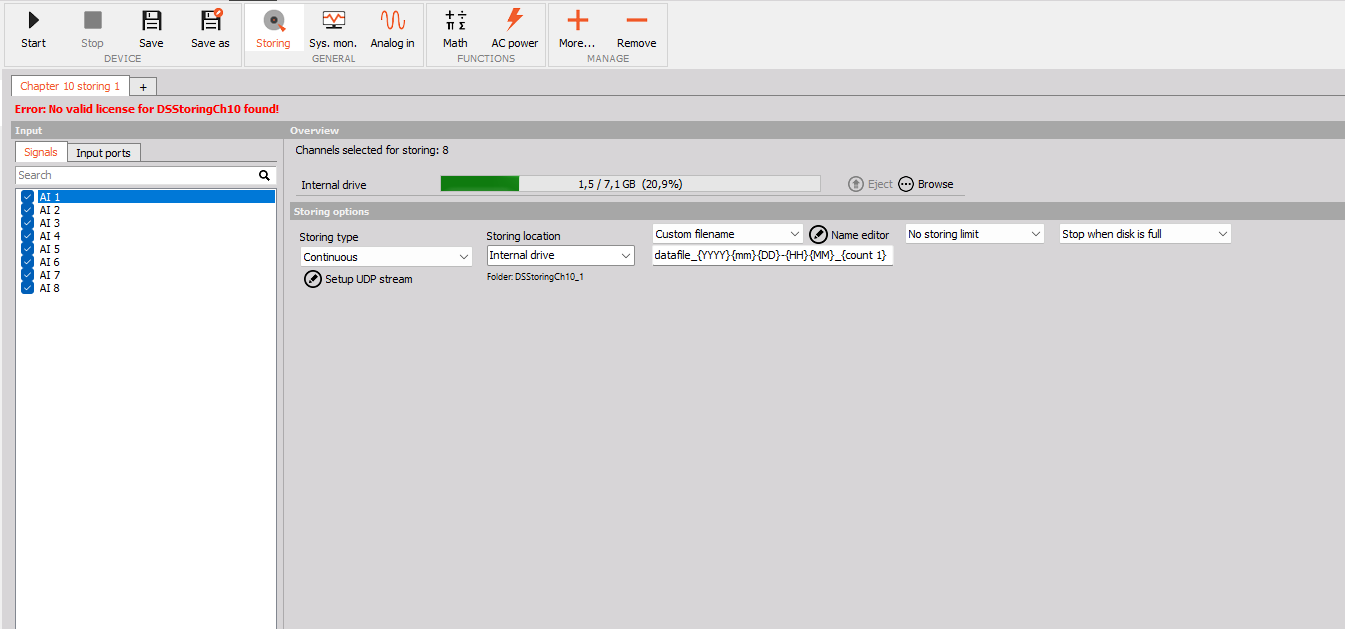 Full DewesoftX window showing on-device Chapter 10 storing
