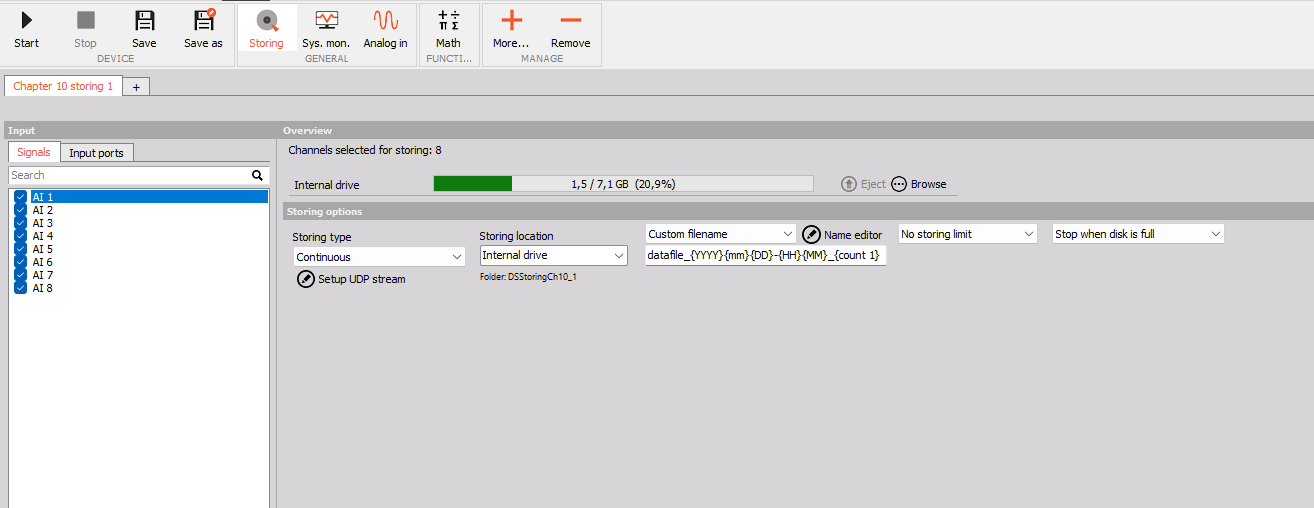 Full DewesoftX window showing on-device Chapter 10 storing