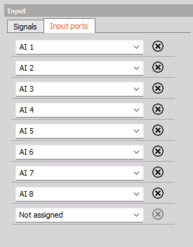 Input ports tab with AI 1 to AI 8 assigned