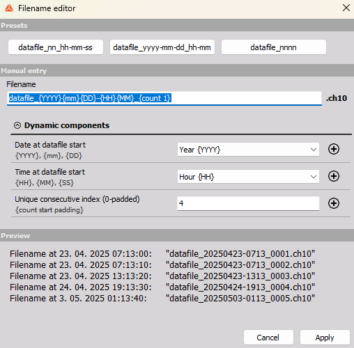 Filename editor with date, time and counter placeholders
