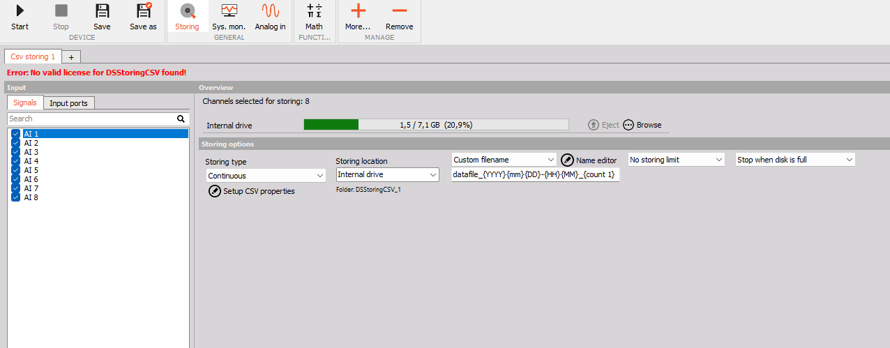 Full DewesoftX window showing on-device CSV storing