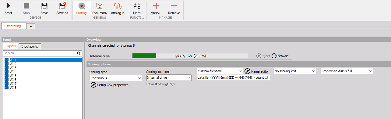 Full DewesoftX window showing on-device CSV storing