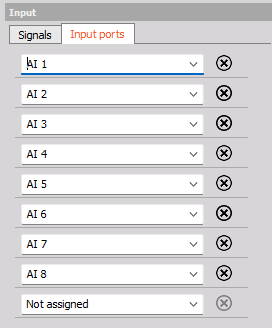 Input ports tab with AI 1 to AI 8 assigned