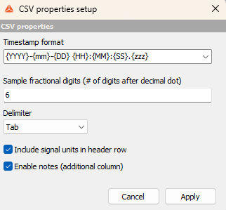 CSV properties setup window