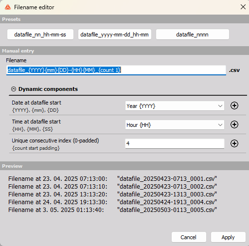 Filename editor with date, time and counter placeholders