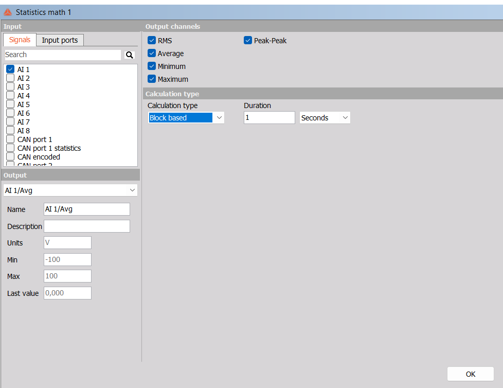 Statistics setup with AI 1 selected and a one-second calculation block