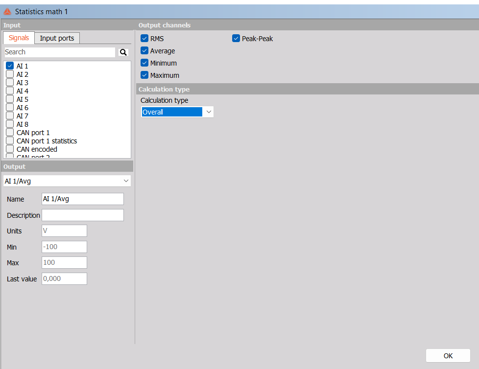 Statistics setup in Overall calculation mode