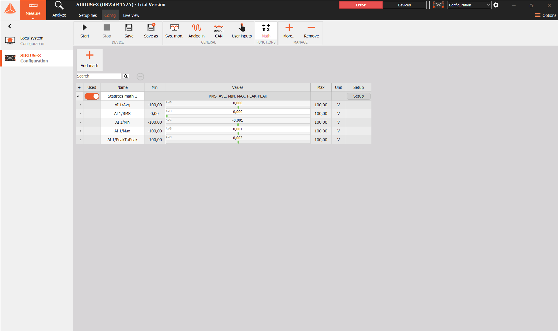 Device Math overview showing Statistics and its five output channels