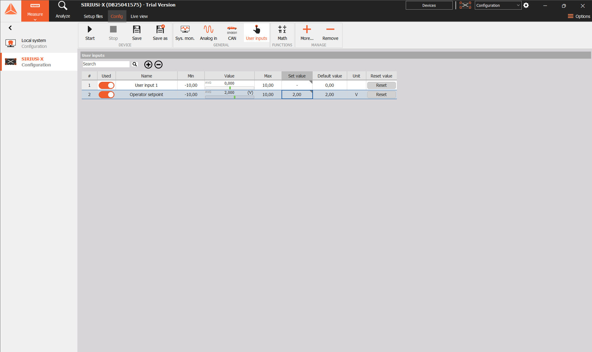 User Input channel after resetting to its default value
